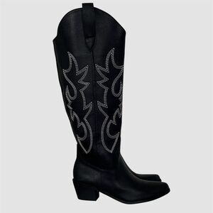 Black Faux Leather Boho Western Flame Stitched Cowboy Cowgirl Knee High Boots 8